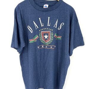 Vintage 90s USA Miller Label Dallas Texas Graphic T Shirt Blue Pinstripe Size XL